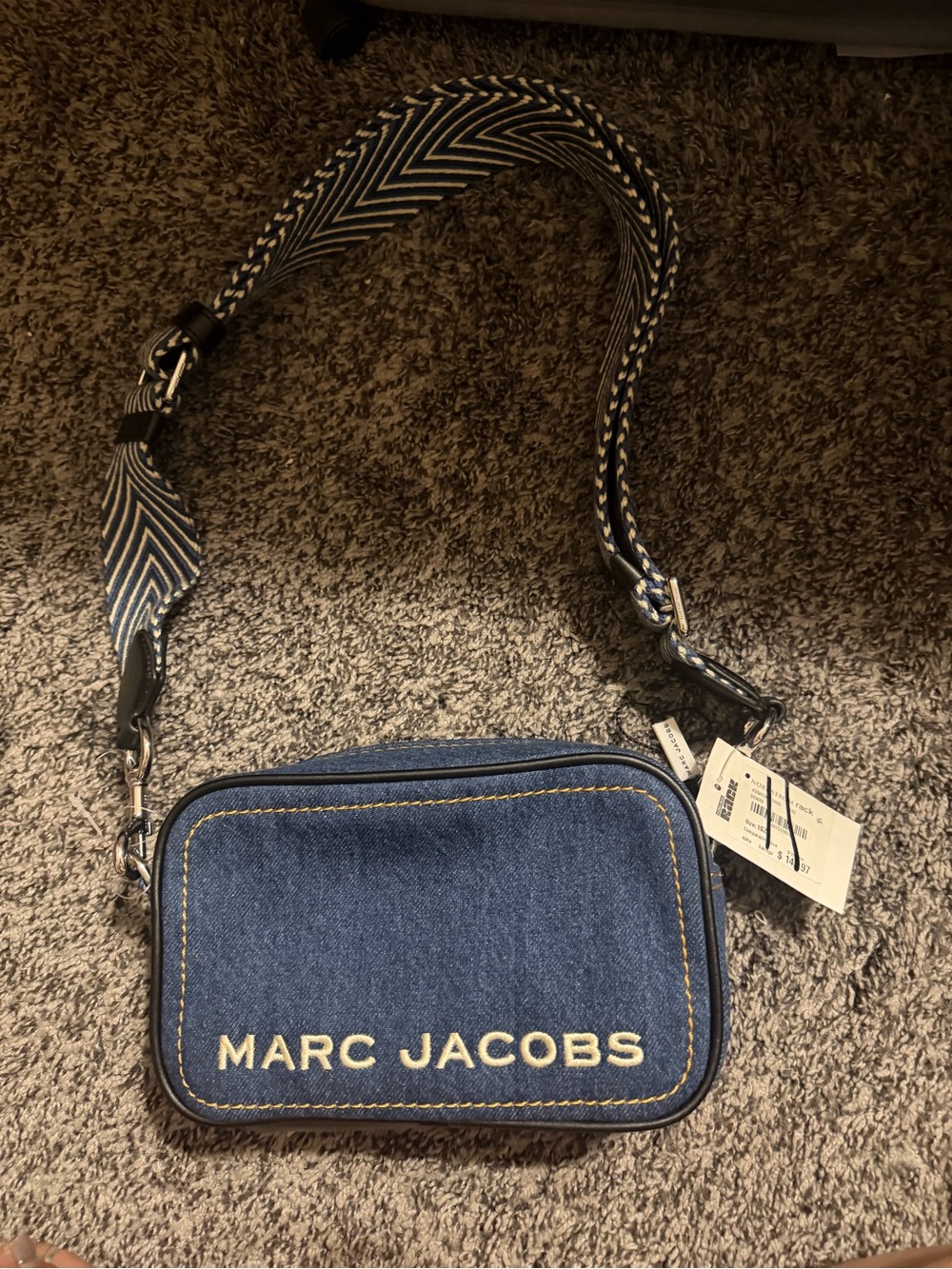 Marc Jacobs Blue Denim Crossbody Camera Bag with Patterned Strap